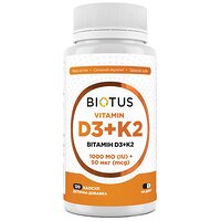 Витамины D3+K2, Vitamins D3+K2, 1000 МО/50 мкг, 120 капсул, Biotus (Украина)